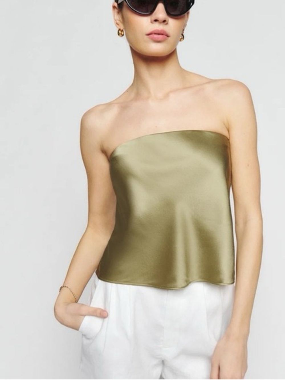 Reformation Spritz Silk Olive Green Strapless Top